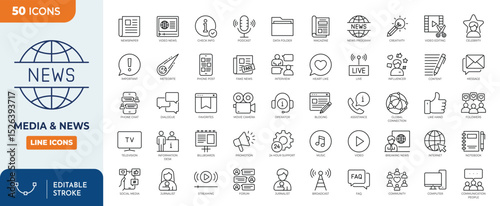 Media and news line editable icon set. Containing News, Television, blogging, social media, video, promotion, and more. Editable stroke. Vector illustration