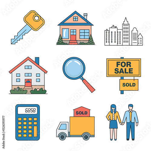 vector icons real estate business house key, symbolizing ownership new home House Sold Sign icon "Sold" sign in front, representing successful real estate 

