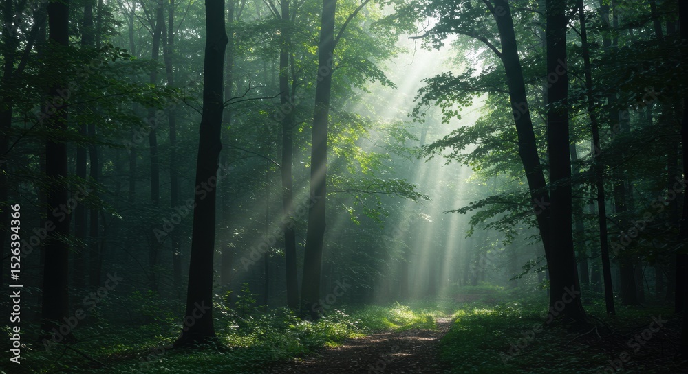 Fototapeta premium Forest bathed in light Beams pierce the canopy illuminating a misty woodland path