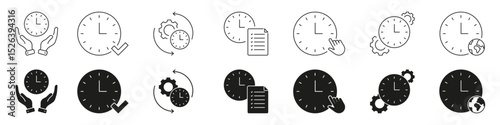 Clock Management And Time Optimization Line And Solid Icon Set. Time Efficiency, Scheduling, Global Synchronization Symbol Collection. Productivity And Workflow. Isolated Vector Illustration