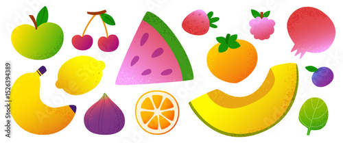 Summer fruit vector set. Cartoon fruits and berries collection. Textured fruit clipart bundle.