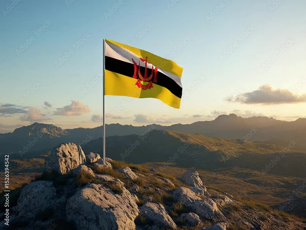Brunei flag with mountain sunset.