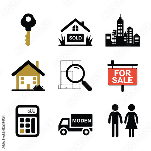 vector icons real estate business house key, symbolizing ownership new home House Sold Sign icon "Sold" sign in front, representing successful real estate 
