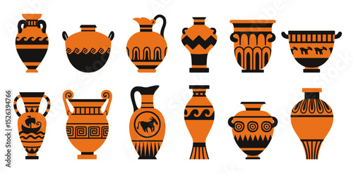 Set of ancient pottery illustrations inspired by Greek ceramics. Traditional terracotta vases, amphoras, and jugs with black decorative patterns. Isolated collection on white background.