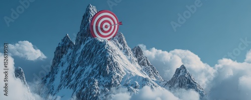 Bullseye Target on Mountain Peak Surrounded by Clouds in Clear Blue Sky