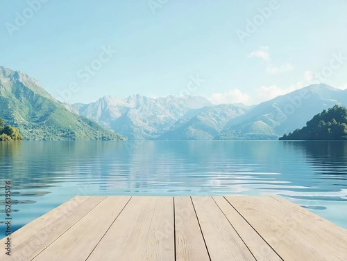 Calm lake with mountain view, and wood dock.