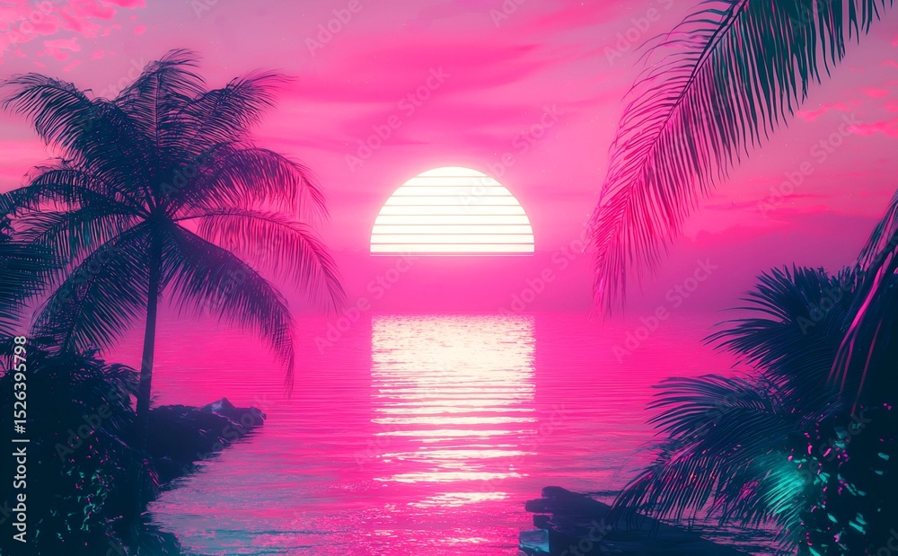 Naklejka premium Vibrant Twilight Panorama: A Breathtaking Vision of a sea Under a Pink Sun, Surrounded by a Rich Purple Ambiance, Offering a Captivating Display of Natural Splendor and Atmospheric Depth.