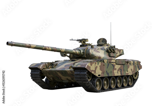 Isolated Camouflaged Battle Tank with Long Barrel photo