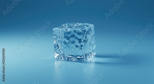 Icy Cube A translucent ice cube rests on a light blue surface casting a subtle shadow