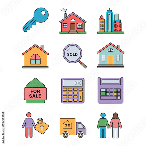 vector icons real estate business house key, symbolizing ownership new home House Sold Sign icon "Sold" sign in front, representing successful real estate 

