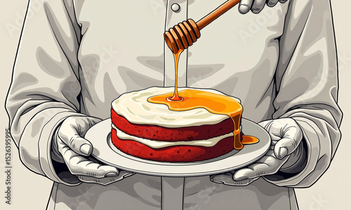 Pancakes stacked with syrup drizzling down in elegant line art.