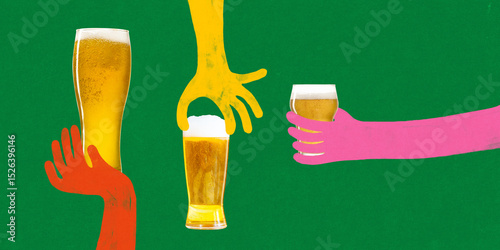 Three colorful hands holding beer glasses with foam on green background. Conceptual art collage. Flat folk design. Concept of group cheers, fun beer toast, friendly party mood, summer fest