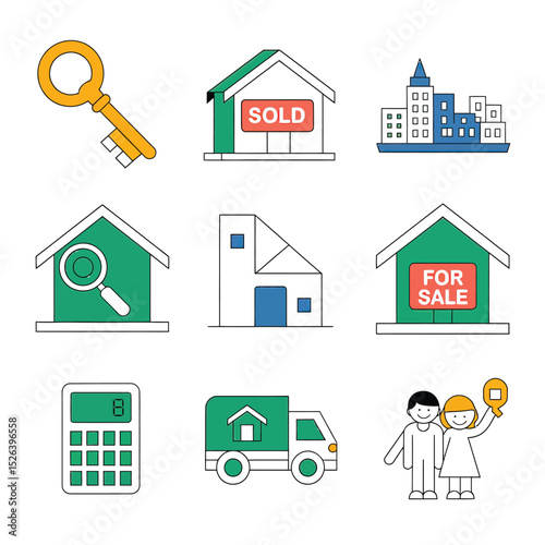 vector icons real estate business house key, symbolizing ownership new home House Sold Sign icon "Sold" sign in front, representing successful real estate 
