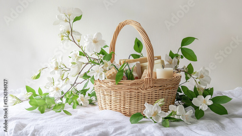 Natural beauty products fill a woven basket. White flowers and fresh greenery add a serene, gentle touch.