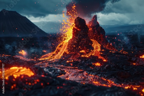 Sharp Picture of Fiery Spectacle of Iceland Volcano Erupting with Lava and Smoke