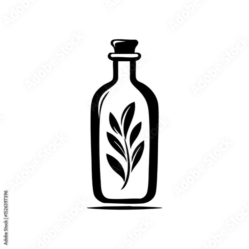 Elegant vector of a glass olive oil bottle with leaf decoration inside.

