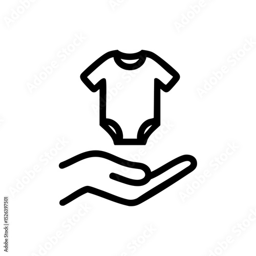 Vector icon of a baby bodysuit being gently held by a hand. Black outline symbol representing baby care and donation.



