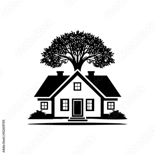 Vector logo of a cozy family house with a large tree canopy overhead in black minimalist style.

