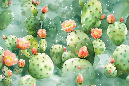 Colorful seamless pattern of cacti with blooming flowers