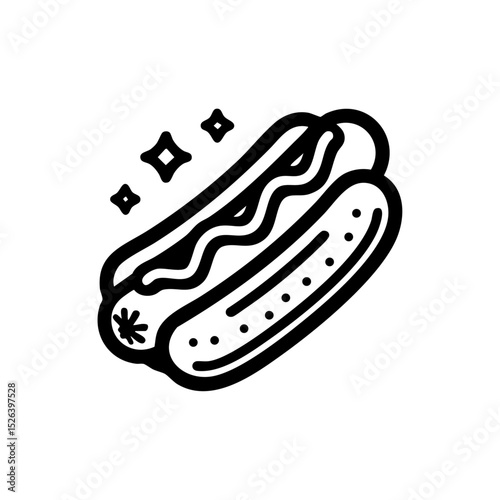 Fun hot dog vector icon with mustard drizzle and sparkles. Tasty fast food illustration perfect for restaurant or snack branding.



