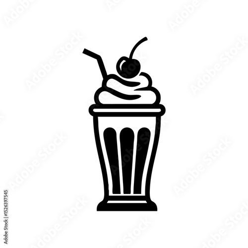 Retro style milkshake icon with whipped cream and cherry for dessert branding.

