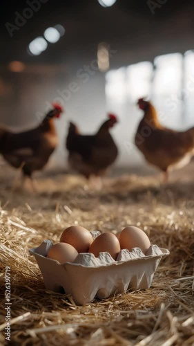 Free range chickens walking near wooden nesting boxes, brown eggs resting on soft straw filled container, representing traditional small farm poultry production