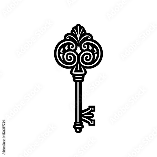 Vector logo of a decorative antique key in classic ornamental style.

