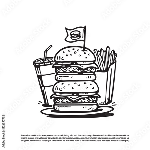Hand drawn fast food vector. two burger with soda and fries