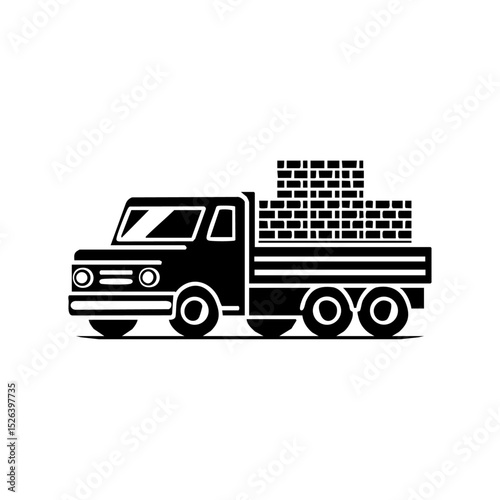 Minimalist vector logo of a delivery truck loaded with bricks.

