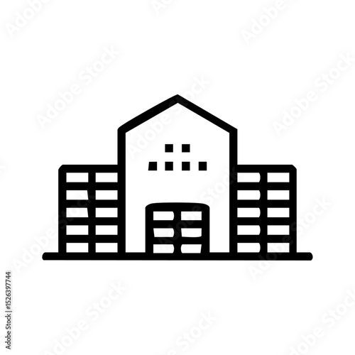 Minimalist vector icon of a warehouse or logistics center. Black outline symbol for storage, shipping, or distribution.




