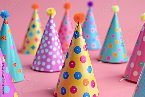 A Group of Bright and Colorful Birthday Caps Isolated on a Pink Background