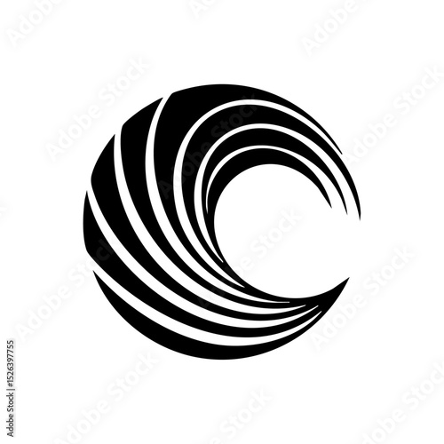 Abstract spiral wave logo in black minimalist design. Vector symbol of energy, water, or motion in a circular form.



