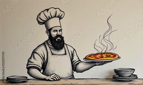 Chef with beard serving hot food in humorous line sketch drawing.