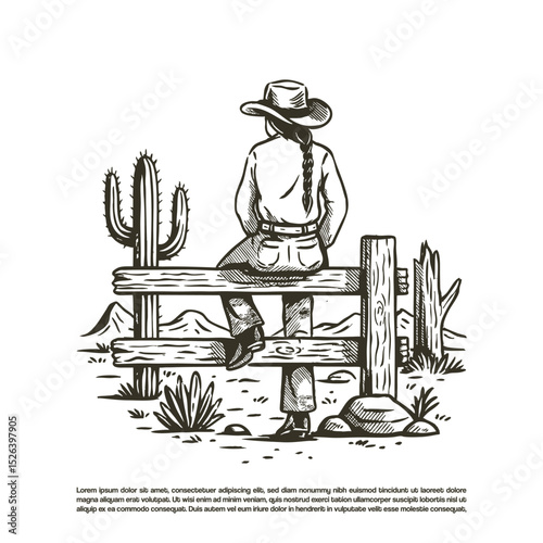Vintage retro hand drawn back view cowgirl sit in wooden fence