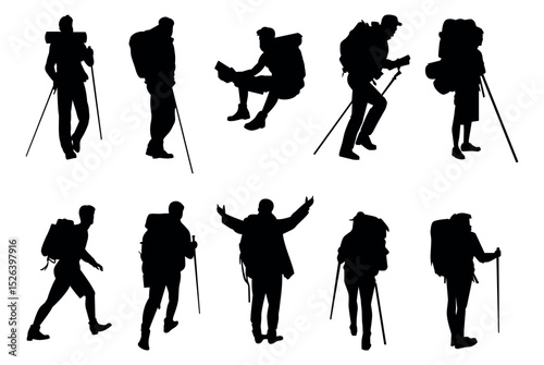Collection of Hiker in mountains silhouettes in different poses