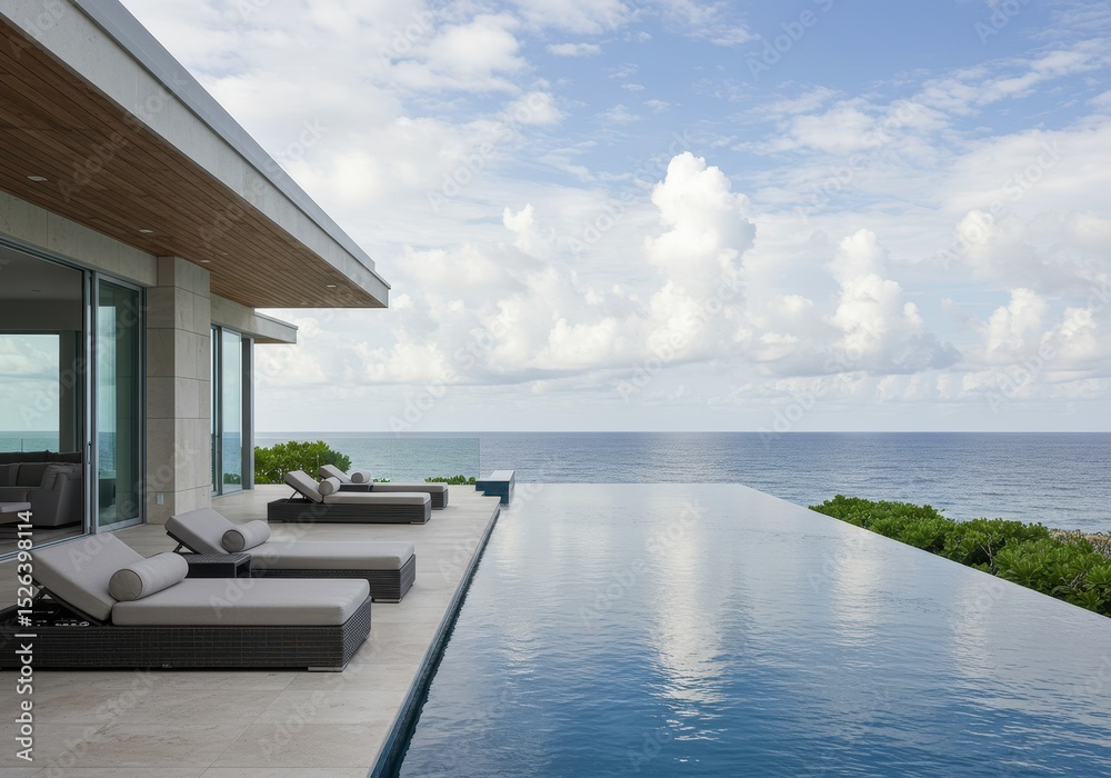 Fototapeta premium Infinity pool and lounge chairs overlooking the ocean from a modern villa