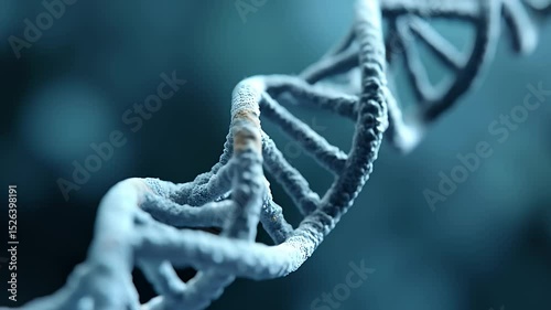 Close-up of a DNA double helix structure on a blurred background.
