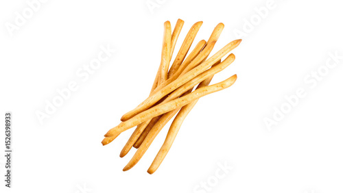 Crispy grissini breadsticks on white background, delicious Italian snack food, crunchy thin breadsticks isolated for culinary use