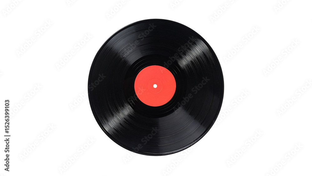 Fototapeta premium Vintage vinyl record with red label on black background, retro music nostalgia, classic analog audio disc isolated on dark backdrop