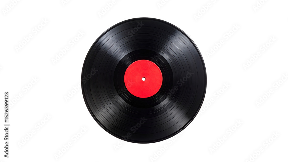 Fototapeta premium Vintage vinyl record with red label on black background, retro music nostalgia, classic analog audio disc isolated on dark backdrop