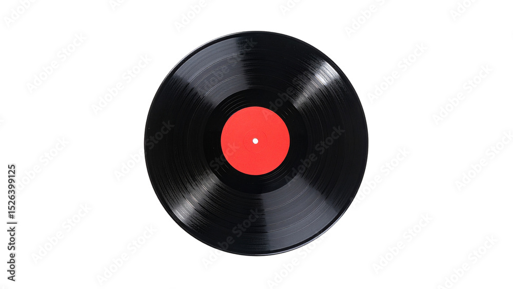 Obraz premium Vintage vinyl record with red label on black background, retro music nostalgia, classic analog audio disc isolated on dark backdrop