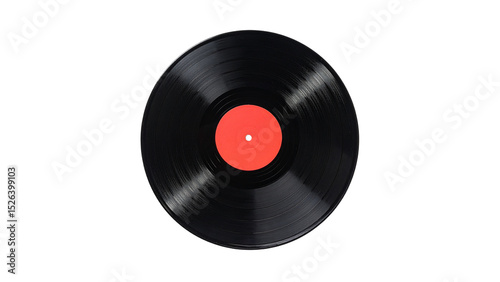 Vintage vinyl record with red label on black background, retro music nostalgia, classic analog audio disc isolated on dark backdrop