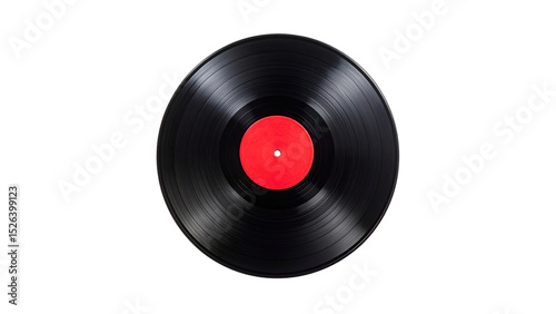 Vintage vinyl record with red label on black background, retro music nostalgia, classic analog audio disc isolated on dark backdrop