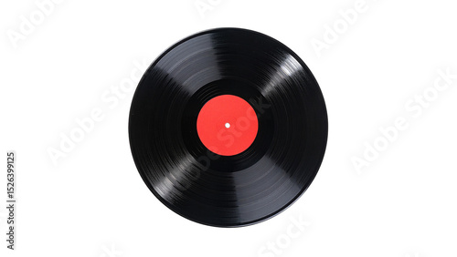 Vintage vinyl record with red label on black background, retro music nostalgia, classic analog audio disc isolated on dark backdrop
