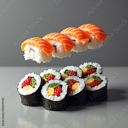 Mixed sushi rolls including salmon and vegetables on clean table.