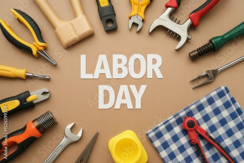 Various household tools on beige background Labor Day concept