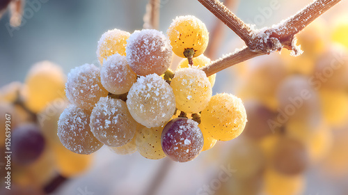 Macro Of Frosted Vidal Blanc Grape With Icy Detail Under Soft Winter Morning Light In Canada