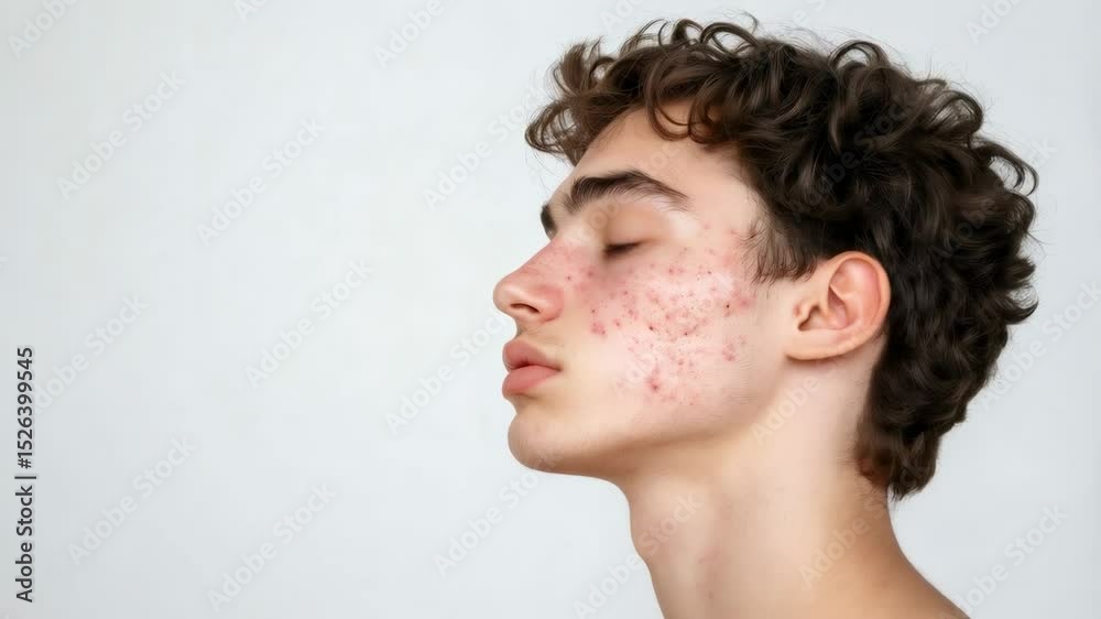 Side profile of young man revealing prominent acne, rosacea affecting facial skin, showcasing dermatological challenges impacting complexion and personal confidence