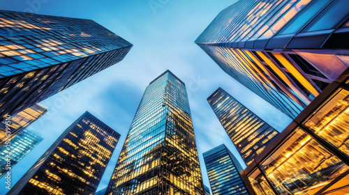 Modern skyscrapers rise against a bright blue sky, their glass facades reflecting golden light. A dynamic urban cityscape captured from a worm's-eye view.