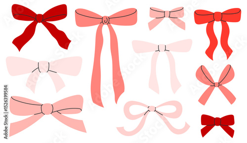 Cute red and pink bow set. Fashionable various bows, gift ribbons. Bowknots for gift wrapping. Hair accessory. Hand drawn flat vector illustration isolated on white background